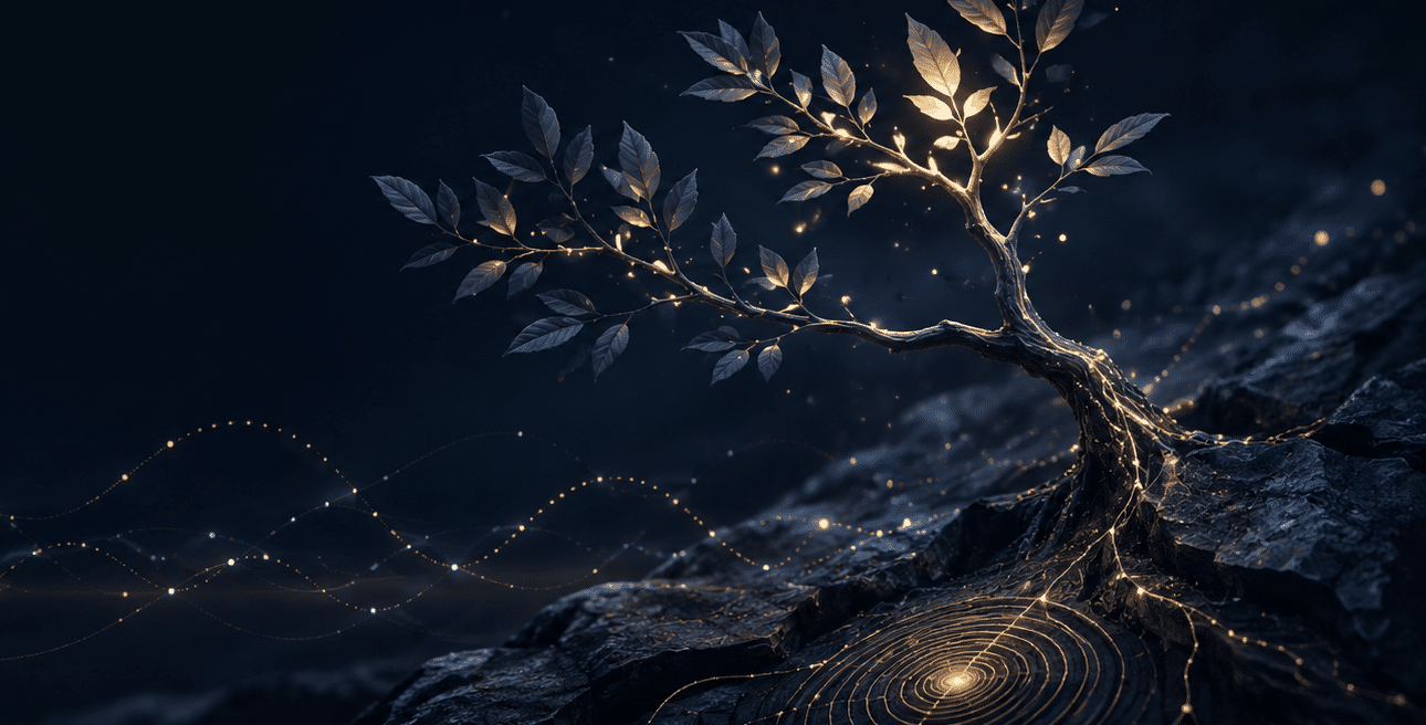 Dark editorial image of a glowing tree growing from rocky ground, with illuminated roots, growth rings and subtle data-like light trails symbolising AI guidance, business growth and measurable ROI.